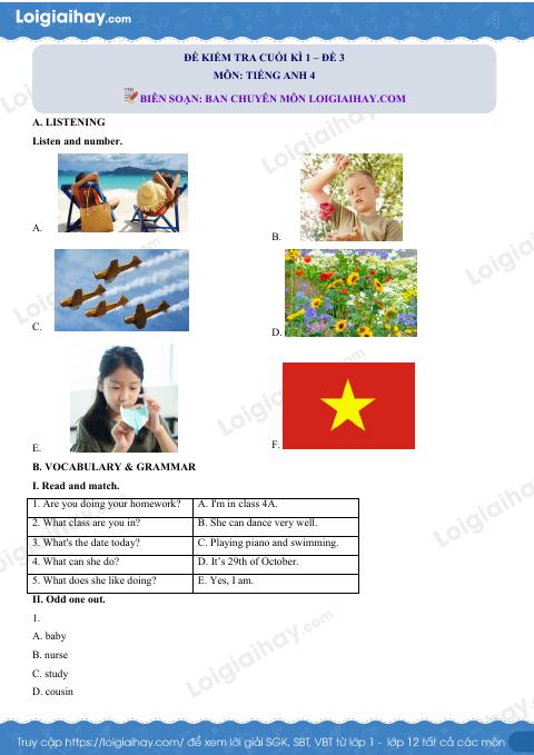 Đề thi học kì 1 Tiếng Anh 4 - Đề số 3